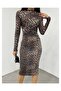 Leopard Patterned Gathered High Neck Midi Dress - 2