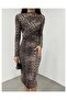 Leopard Patterned Gathered High Neck Midi Dress - 5