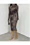 Leopard Patterned Gathered High Neck Midi Dress - 6