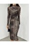 Leopard Patterned Gathered High Neck Midi Dress - 3