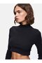 Thin Ribbed Stand Collar Black Sweatshirt - 4