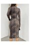 Leopard Patterned Gathered High Neck Midi Dress - 8