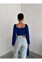 Women’s Cobalt Long Balloon Sleeve Front-Cross Ruched Sandy Fabric Cropped Blouse - 3
