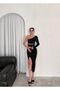 Single Sleeve Low Waist Waist Band Detailed Asymmetrical Collar Side Gathered Slit Long Dress