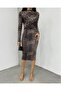 Leopard Patterned Gathered High Neck Midi Dress