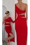 Single Sleeve Low Waist Waist Band Detailed Asymmetrical Collar Side Gathered Slit Long Dress - 5