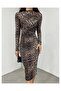 Leopard Patterned Gathered High Neck Midi Dress - 7
