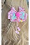 Designer Luxury Pink Shiny Sequin Polka Dot Layered Bow Pendant with Pompom Embellishment Automatic Clasp - 4