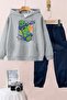 Skateboard Printed Hooded Fleece Inside Unisex Gray Children's Tracksuit Set