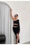 Single Sleeve Low Waist Waist Band Detailed Asymmetrical Collar Side Gathered Slit Long Dress - 3