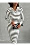 White Striped Polo Collar Women's Knitwear Dress - 2
