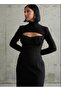 Black Long Dress with Cups on the Chest, High Collar and Sleeves - 2