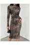 Leopard Patterned Gathered High Neck Midi Dress - 4