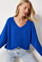 Women's Blue V-Neck Brioche Knit Oversized Knit Sweater ZA00059 - 3