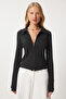 Women's Black Polo Neck Zippered Saran Knitted Blouse An00213 - 2
