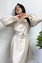 Beige Balloon Sleeve Button Detail Belted Flared Dress - 3