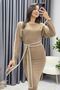 Women's Knitwear Belted Long Sleeve Pencil Dress Beige, Khaki - 3