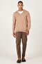 Men's Vizon-Ekru Standard Fit Regular Cut V-Neck 100% Cotton Knitwear Sweater - 2