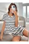 Women's White Striped Pajama Shorts T-Shirt Pajama Set