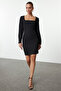 Black Body Hugging Knit Detail Square Neck Mini Woven Dress Twoaw25El00331 - 2
