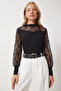 Women's Black Turtleneck Lace Knitted Blouse En00624