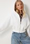 Women's Ecru Hooded Zippered Sweatshirt Ow00051 - 8