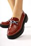 Lucin Claret Red Crocodile Patterned Loafers with Chain Buckle Detail