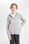 Boy's Basic Gray Hooded School Cardigan with Zipper Pockets T7468A624Au - 3