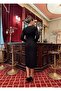 Women's Black Square Collar Imported Fabric Checkered Pocket and Collar Rose Detail Lined Design Dress - 8