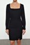 Black Body Hugging Knit Detail Square Neck Mini Woven Dress Twoaw25El00331 - 3