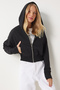 Women's Black Hooded Zippered Sweatshirt Ow00051 - 3