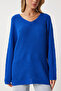 Women's Blue V-Neck Brioche Knit Oversized Knit Sweater ZA00059 - 6