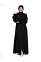 Black Judge Collar Buttoned Pleated Ribbed Sleeve Hijab Dress 24353 - 3