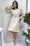Beige Balloon Sleeve Button Detail Belted Flared Dress - 2