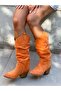 Terry Orange Orange Calfskin Suede Gusseted Dallas Boots - 2
