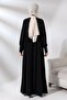 Round Neck Pleated Sleeve Cuffed Hijab Ferace - Black Button Detailed - 7