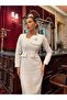 Women's Ecru Square Collar Imported Fabric Checkered Pocket and Collar Rose Detail Lined Design Dress - 6