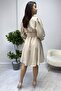 Beige Balloon Sleeve Button Detail Belted Flared Dress - 4