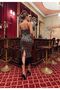 Women's Silver Imported Sequin Fabric Lined Special Design Dress with Feather Detail and Back Slit - 5