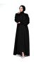 Black Judge Collar Buttoned Pleated Ribbed Sleeve Hijab Dress 24353 - 2