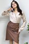 Brown Faux Leather Skirt Blouse Dress - 3