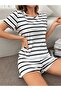 Women's White Striped Pajama Shorts T-Shirt Pajama Set - 5