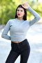Women's grey ribbed crop knit sweater - short style, acrylic fabric, ribbed detail - 3122