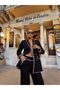 Women's Black Imported Tweed Fabric Button Detail Belted Lined Special Design Jacket and Trousers Set - 3