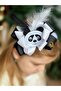 Luxury Design - Feather and Cute Movable Panda Crown, Black and White with Satén Bow