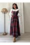 Long Coffee-Burgundy Plaid Gilet Collar White Blouse Set (Gilet-Bluz)