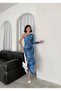 Women's Stretchy Sandy Fabric Midi Length Pencil Cut Single Sleeve Printed Evening Dress