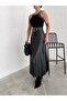 Black Belted Pleated Comfortable Fit Lycra Leather Skirt - 4