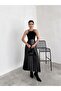 Black Belted Pleated Comfortable Fit Lycra Leather Skirt