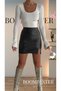 Women's Black Leather Skirt – High Waist, Elastic Waist, Stylish Slit Mini Skirt - 4